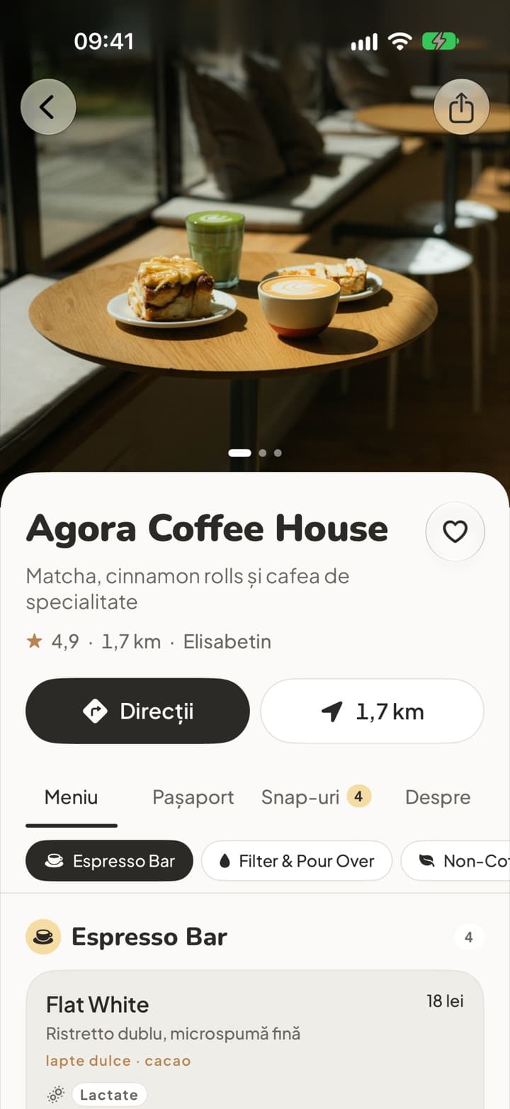 Pagina unei cafenele, cu meniul și recompensa